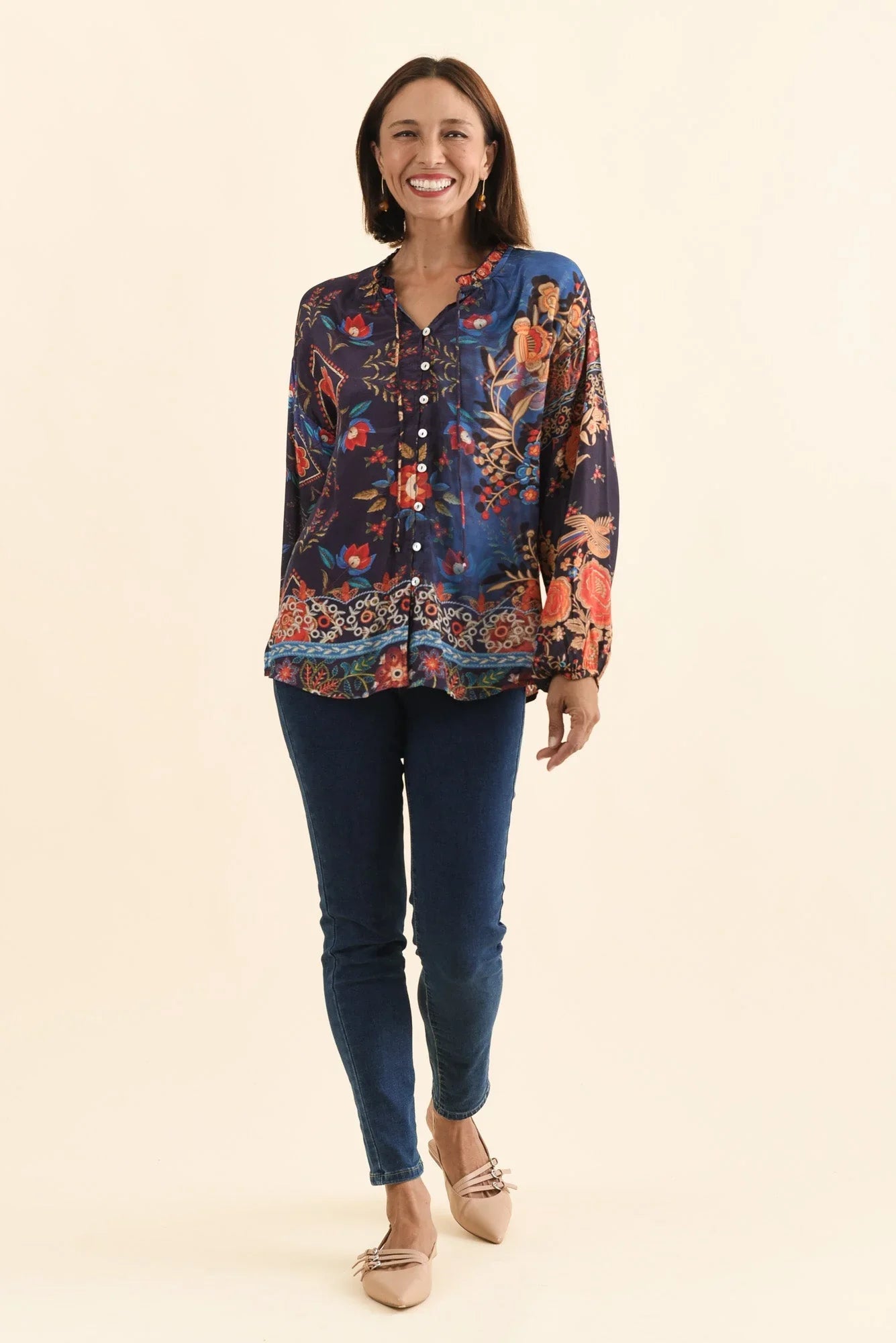 Button Top - Navy Botanical