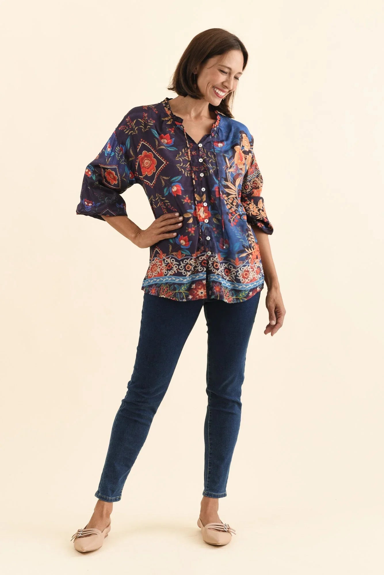 Button Top - Navy Botanical