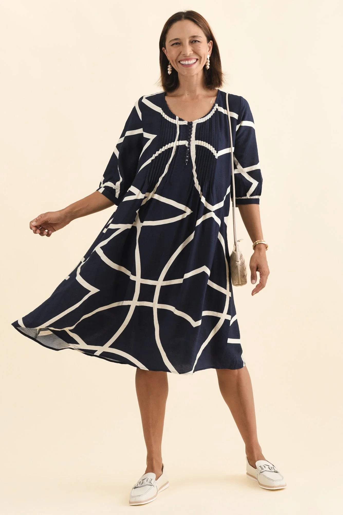 Button Dress - Navy Abstract