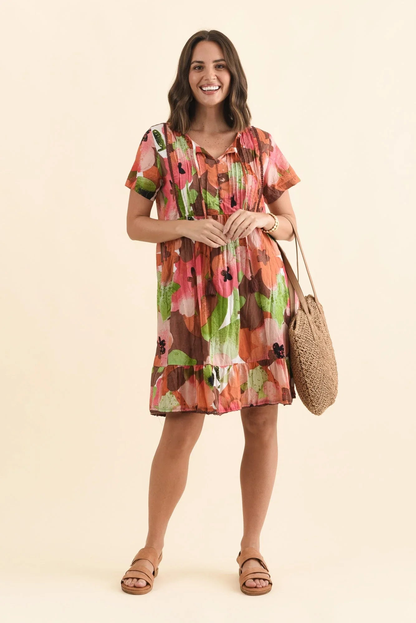 Floral Crinkle Cotton Dress - Pink