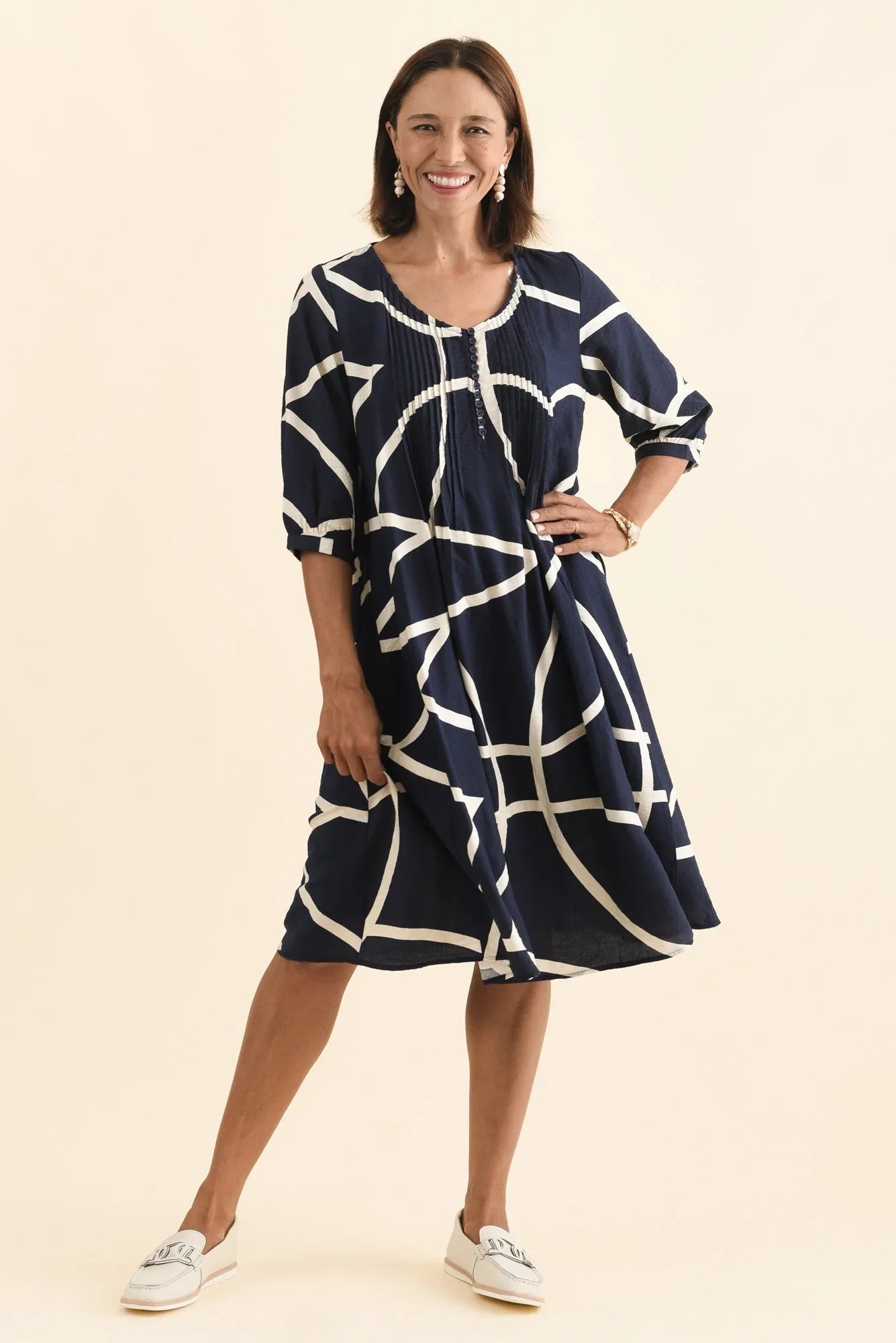 Button Dress - Navy Abstract