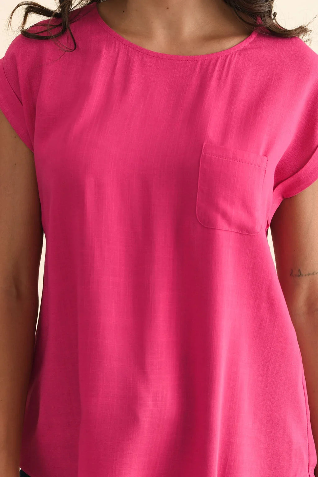 Linen Blend Pocket Top-Pink