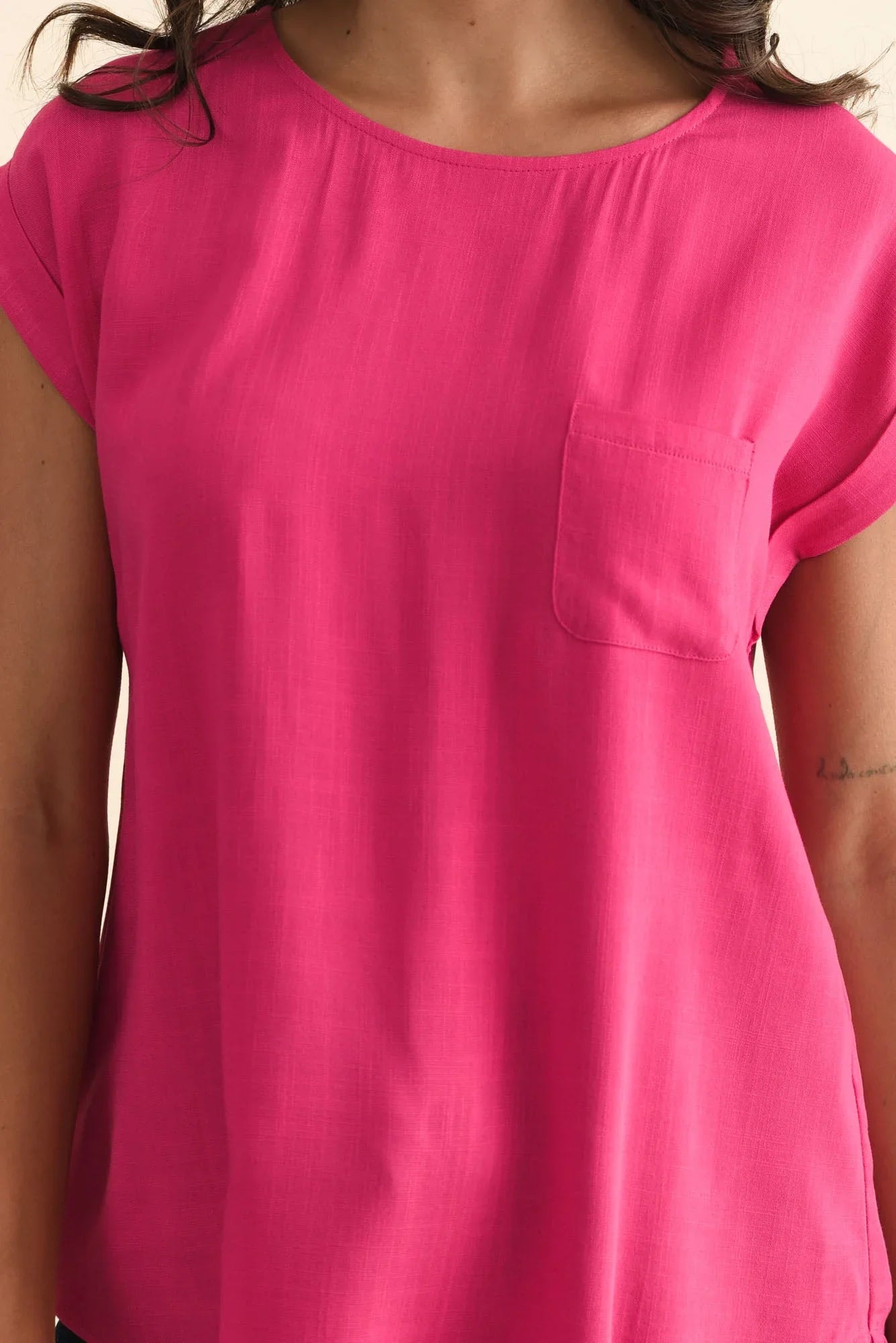 Linen Blend Pocket Top-Pink