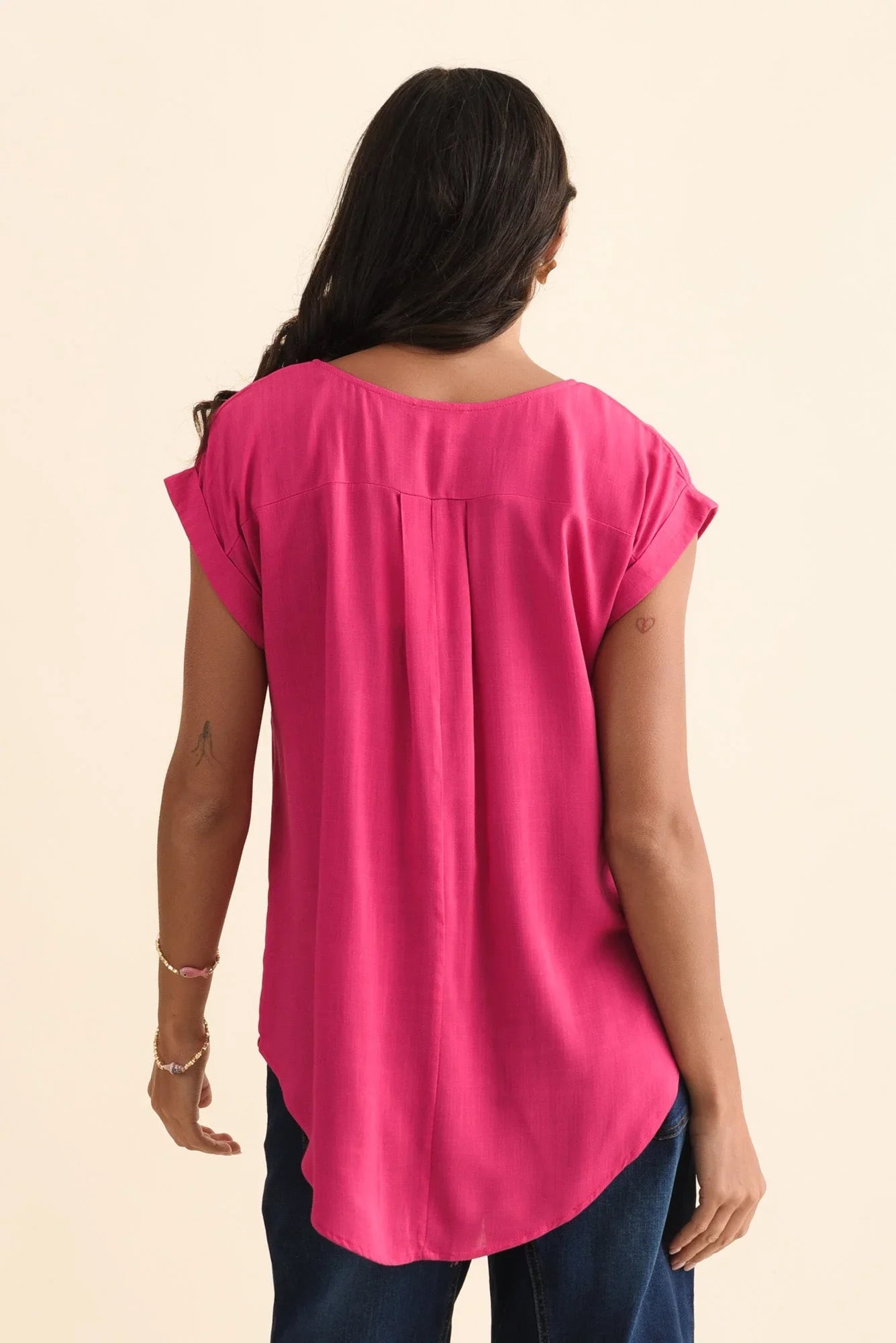 Linen Blend Pocket Top-Pink