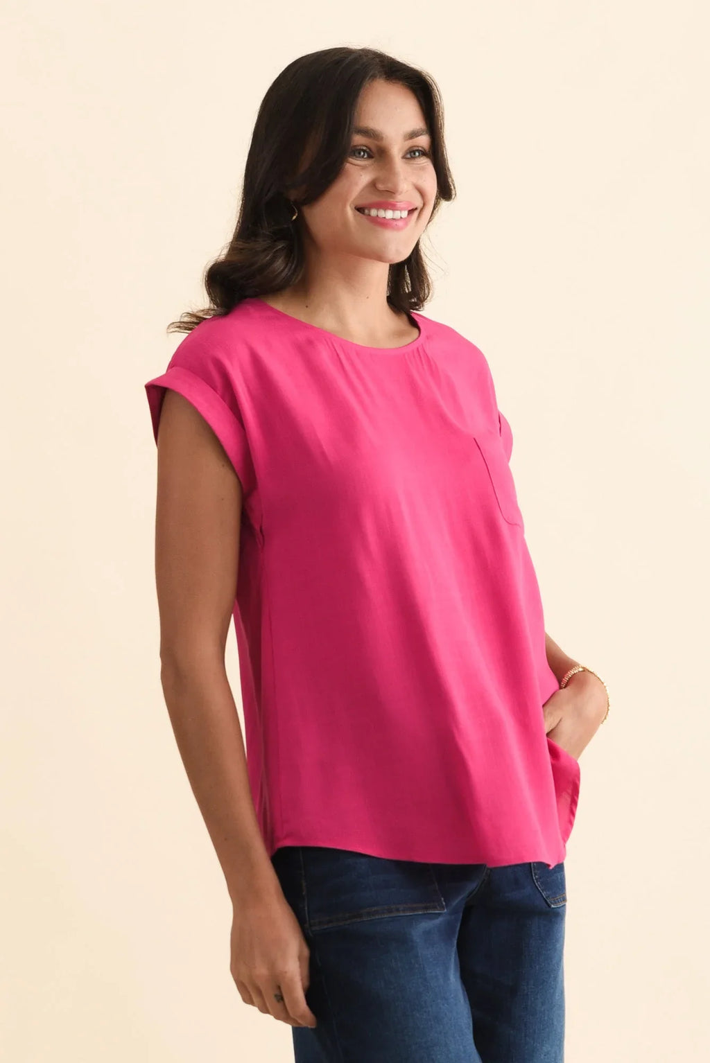 Linen Blend Pocket Top-Pink