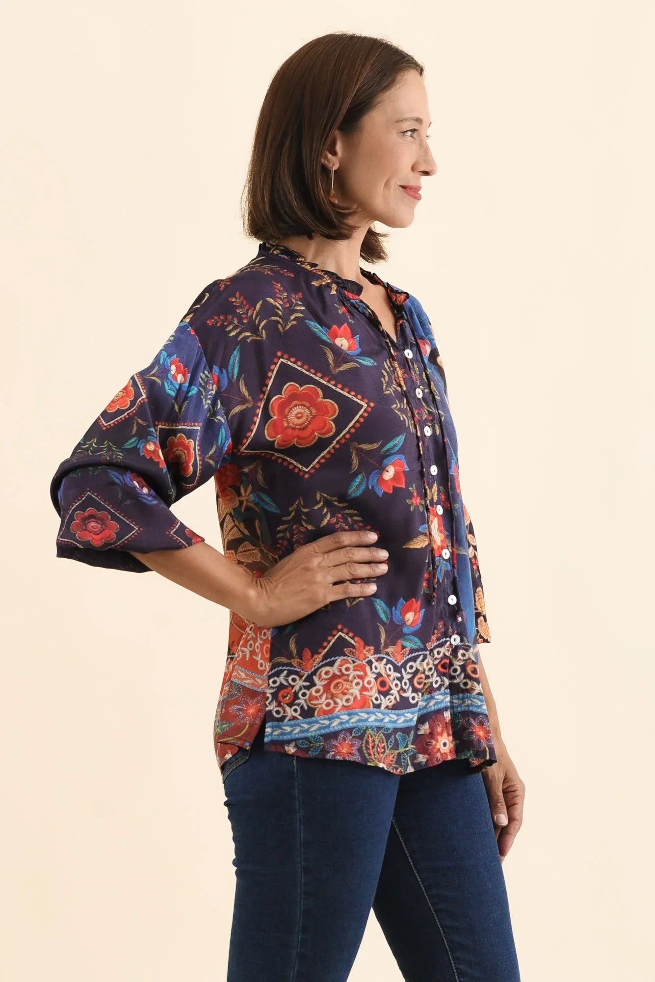 Button Top - Navy Botanical