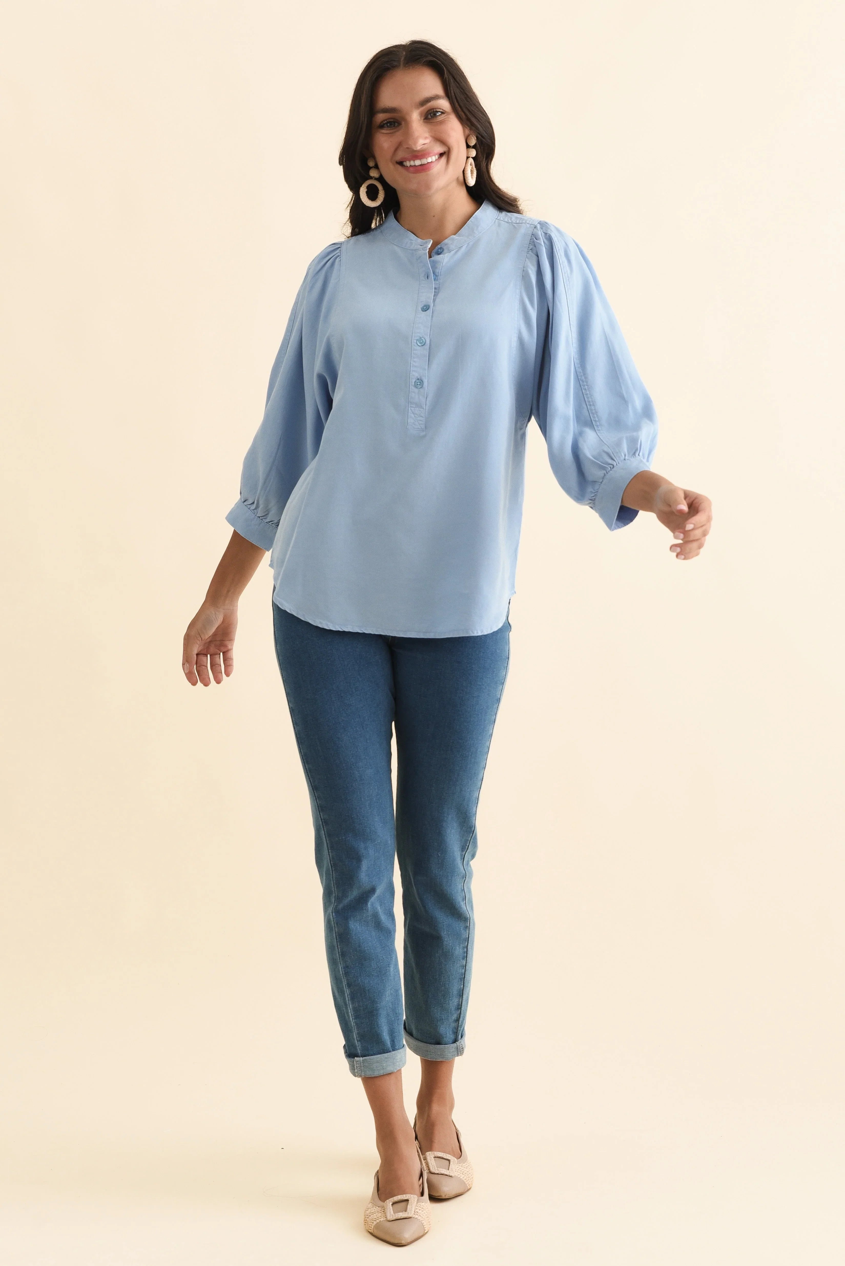 Lyocell Puff Sleeve Shirt - Blue