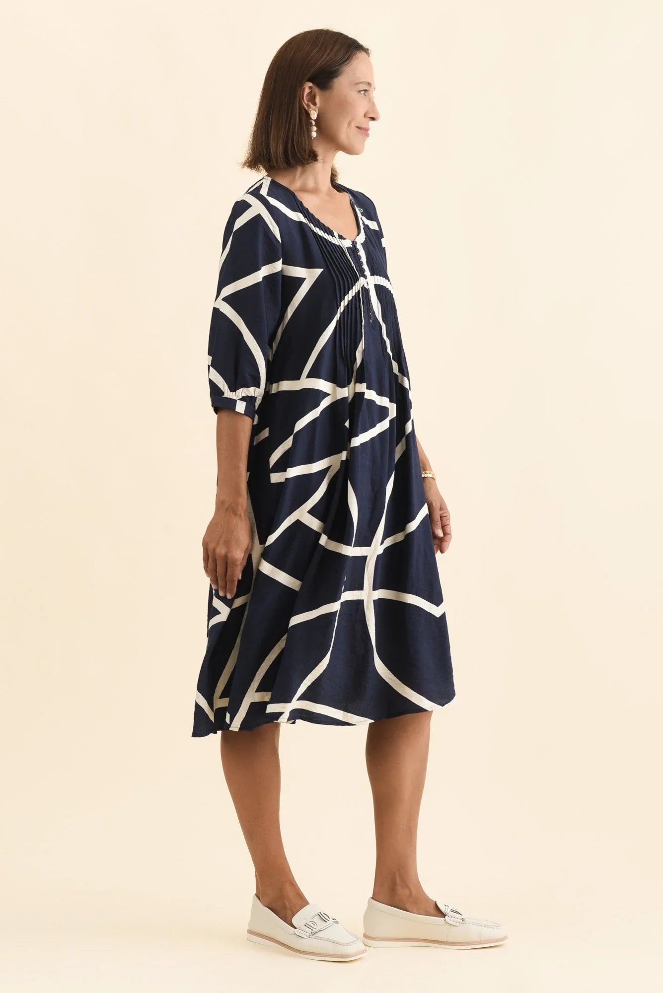 Button Dress - Navy Abstract