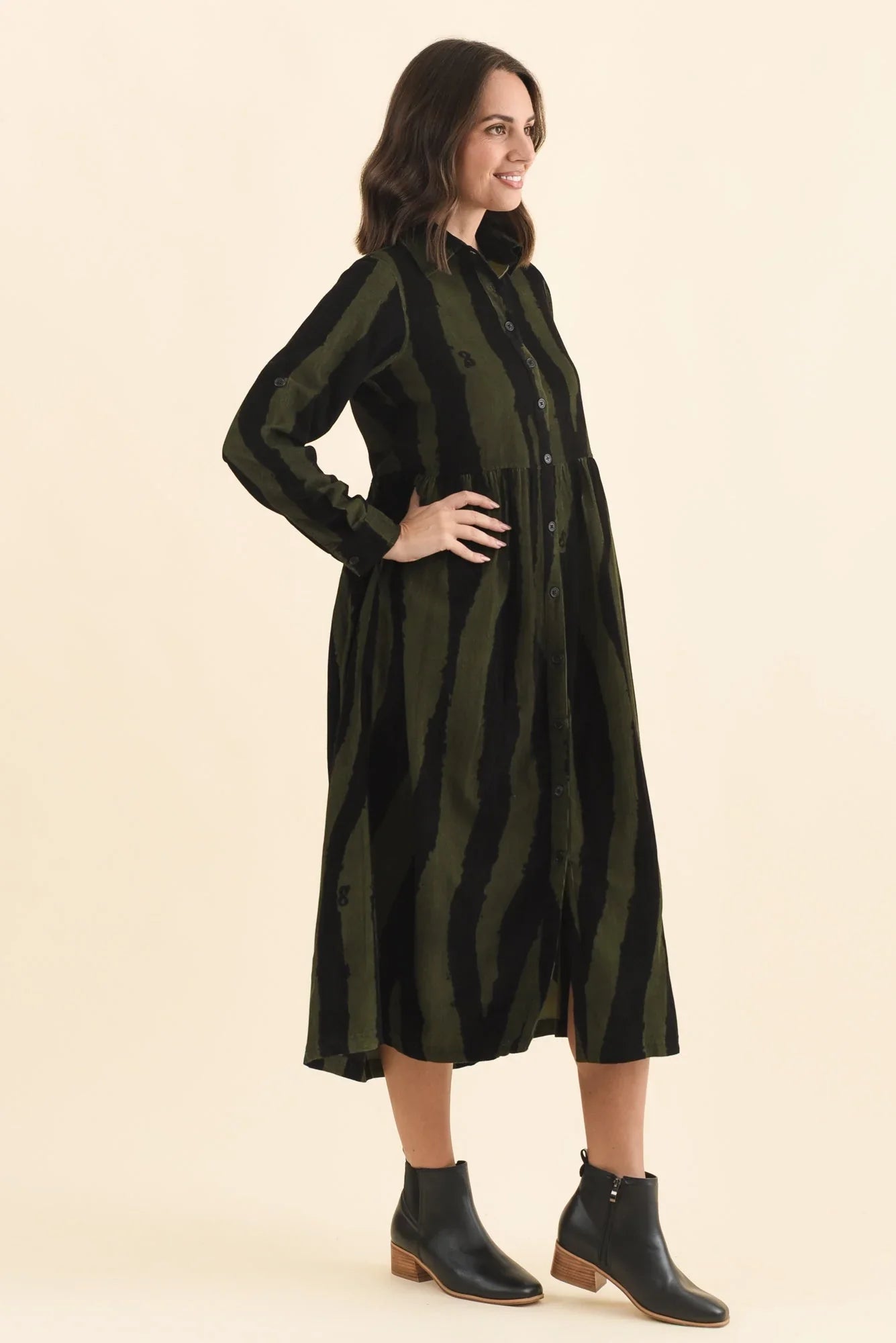 Cotton Button Dress - Olive Stripe