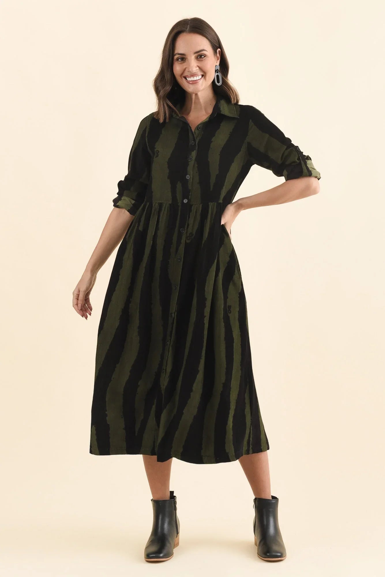 Cotton Button Dress - Olive Stripe