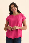 Linen Blend Pocket Top-Pink