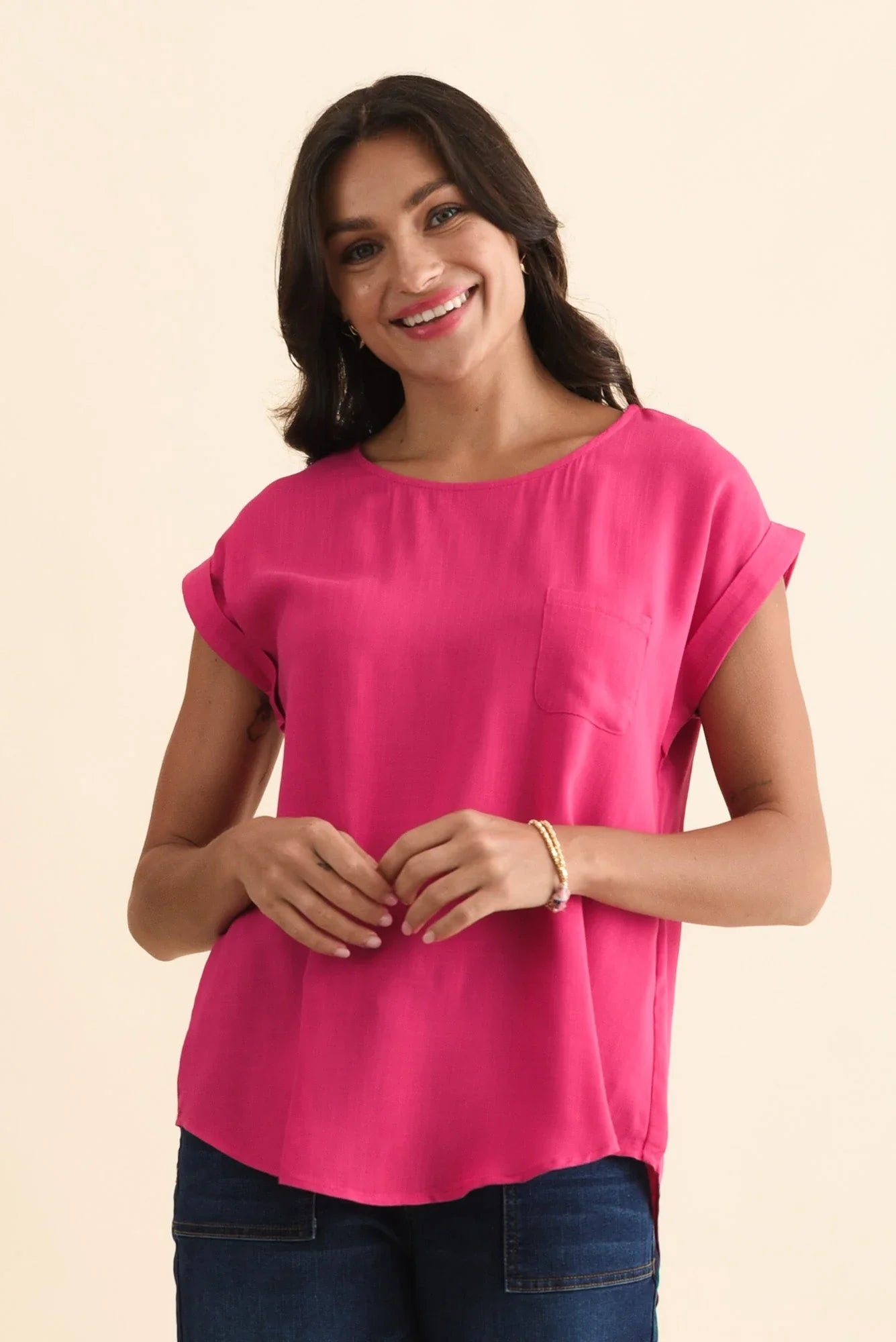 Linen Blend Pocket Top-Pink