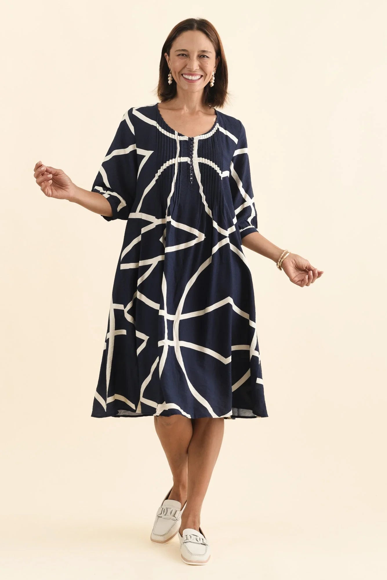 Button Dress - Navy Abstract