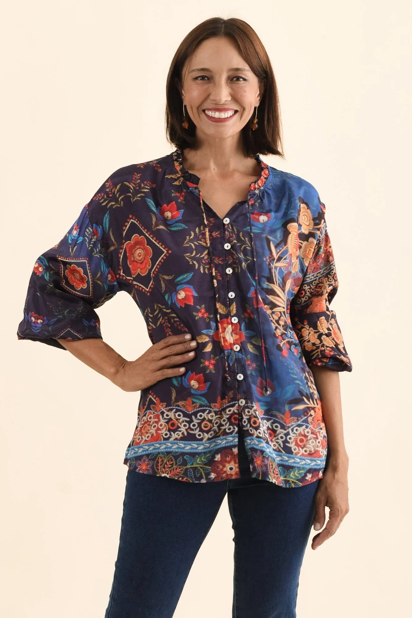 Button Top - Navy Botanical