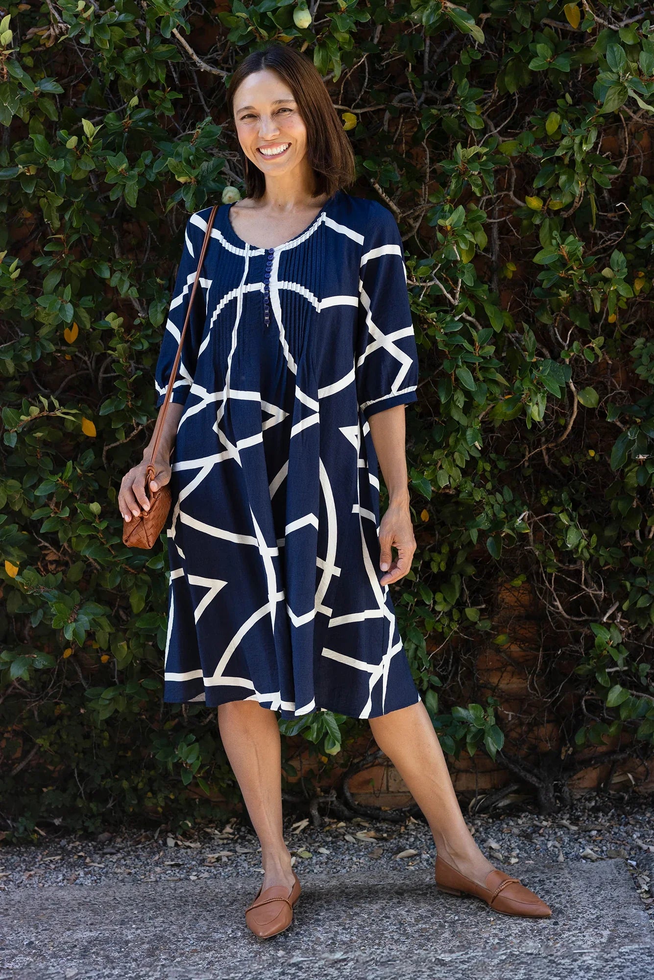 Button Dress - Navy Abstract