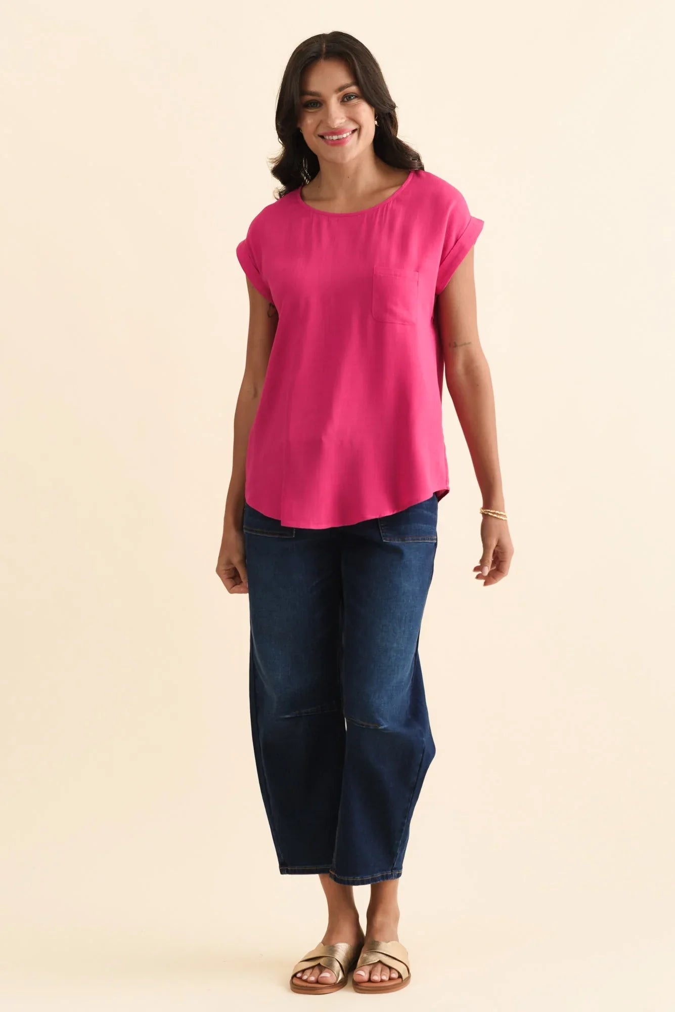Linen Blend Pocket Top-Pink