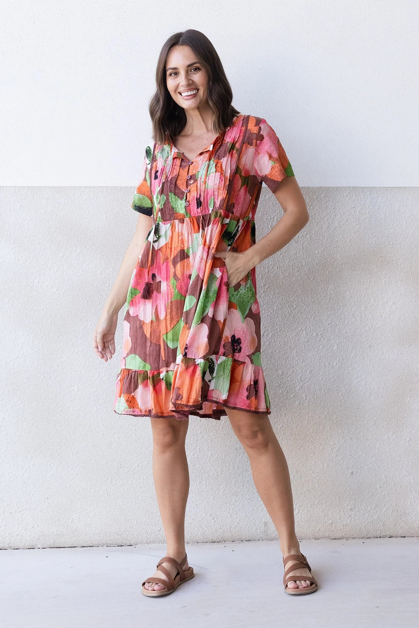 Floral Crinkle Cotton Dress - Pink