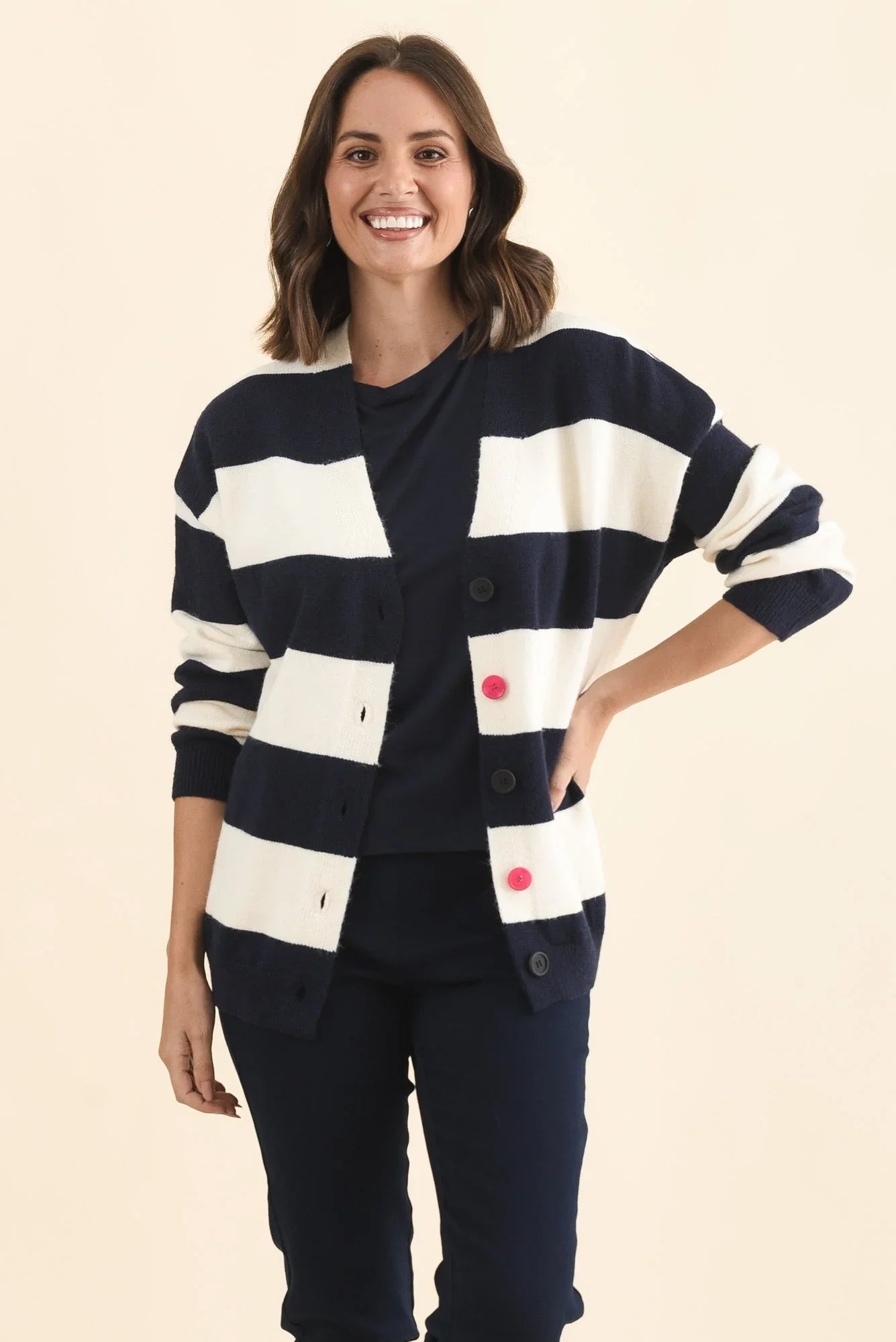 Stripe Knit Cardigan - Navy