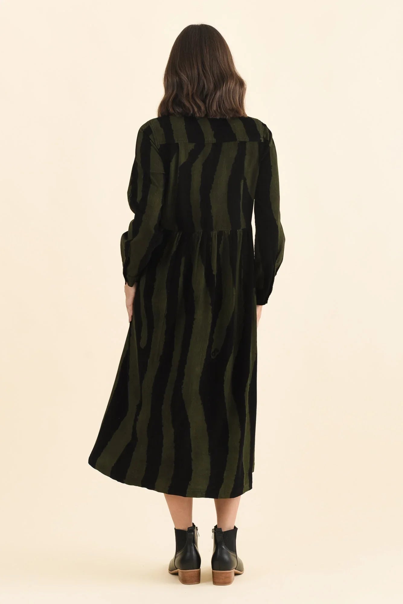 Cotton Button Dress - Olive Stripe