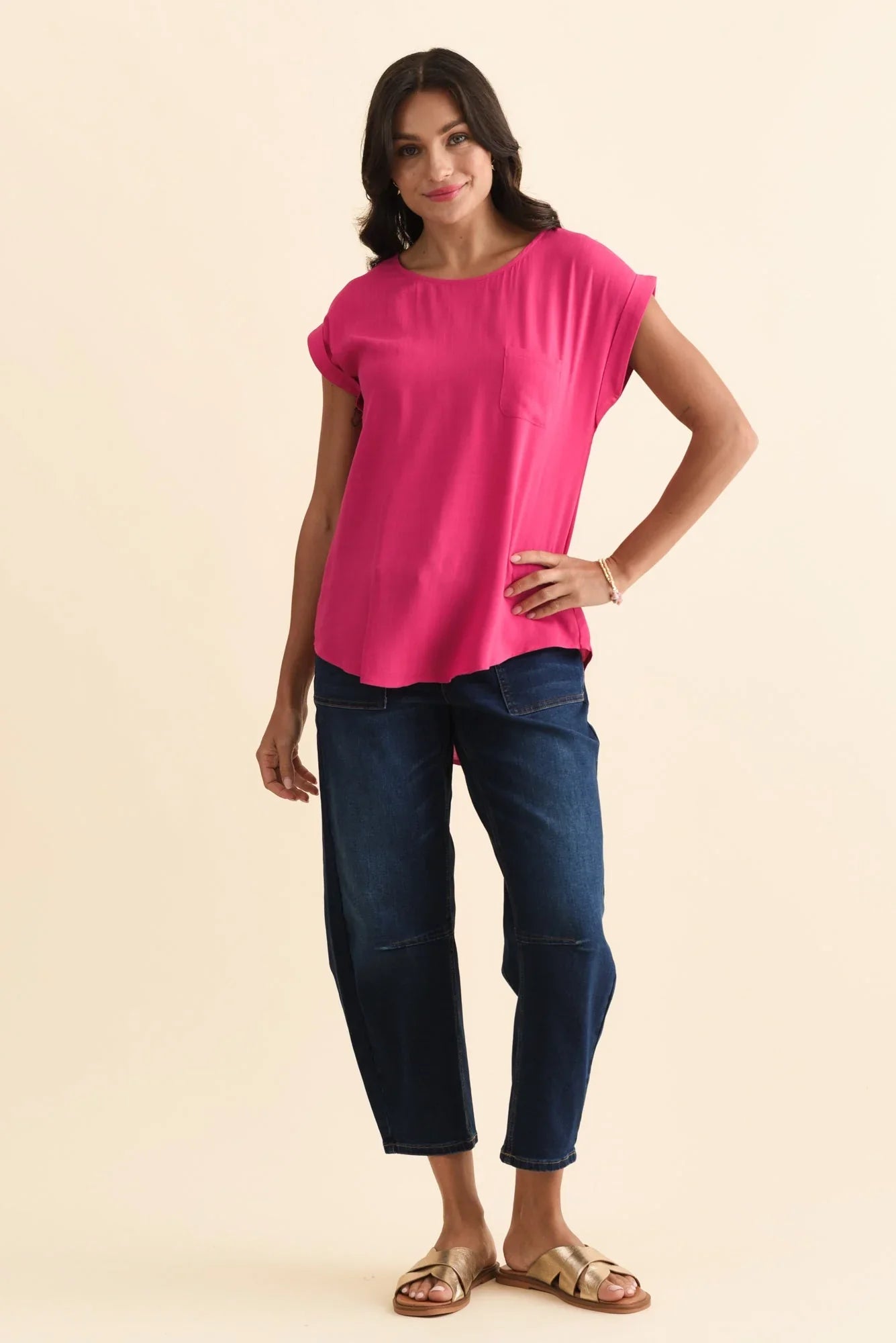 Linen Blend Pocket Top-Pink