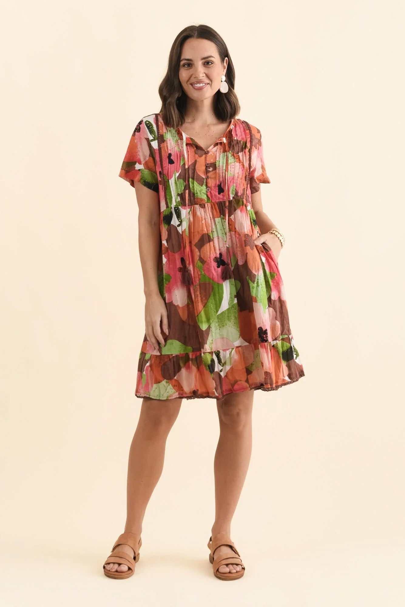 Floral Crinkle Cotton Dress - Pink