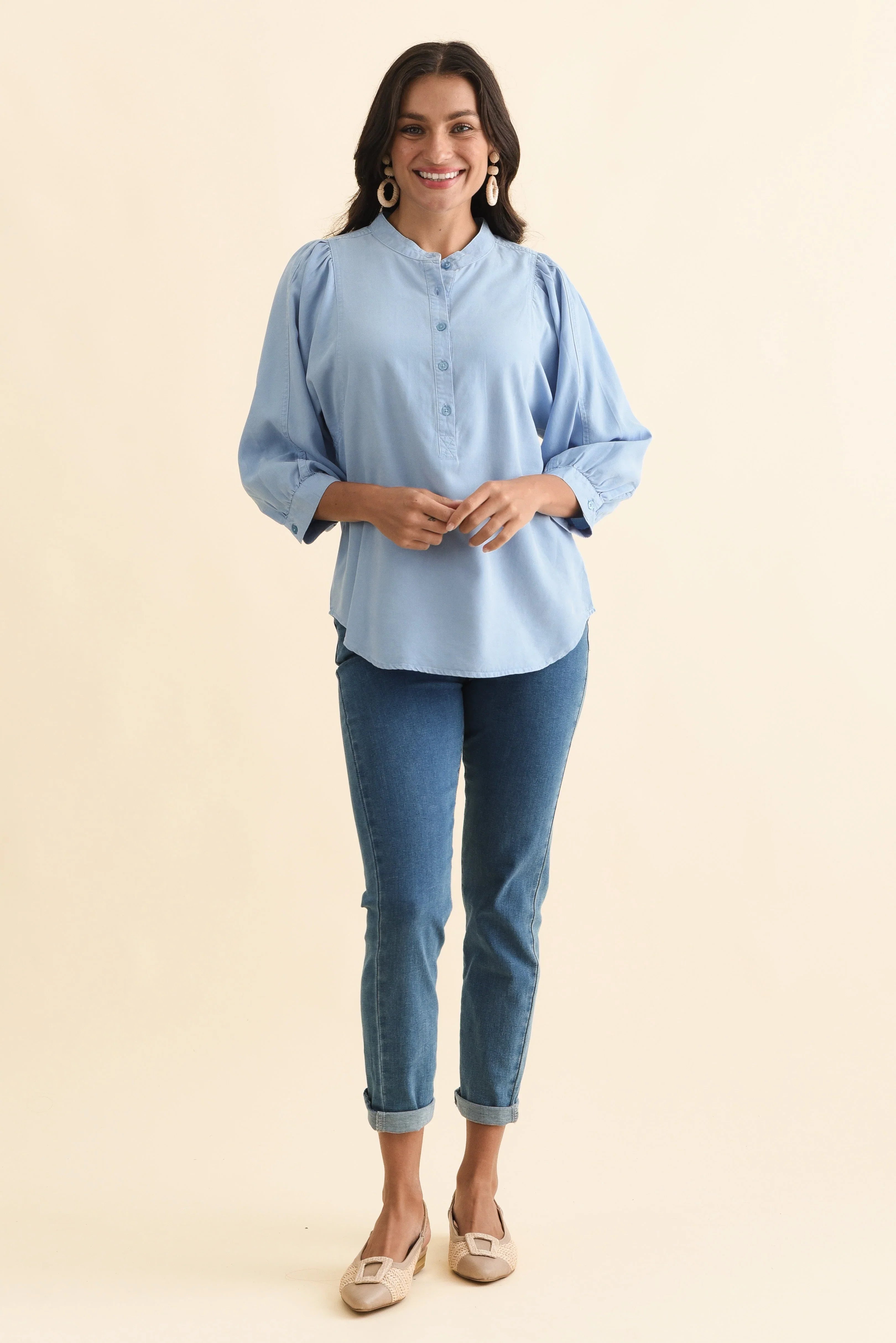 Lyocell Puff Sleeve Shirt - Blue