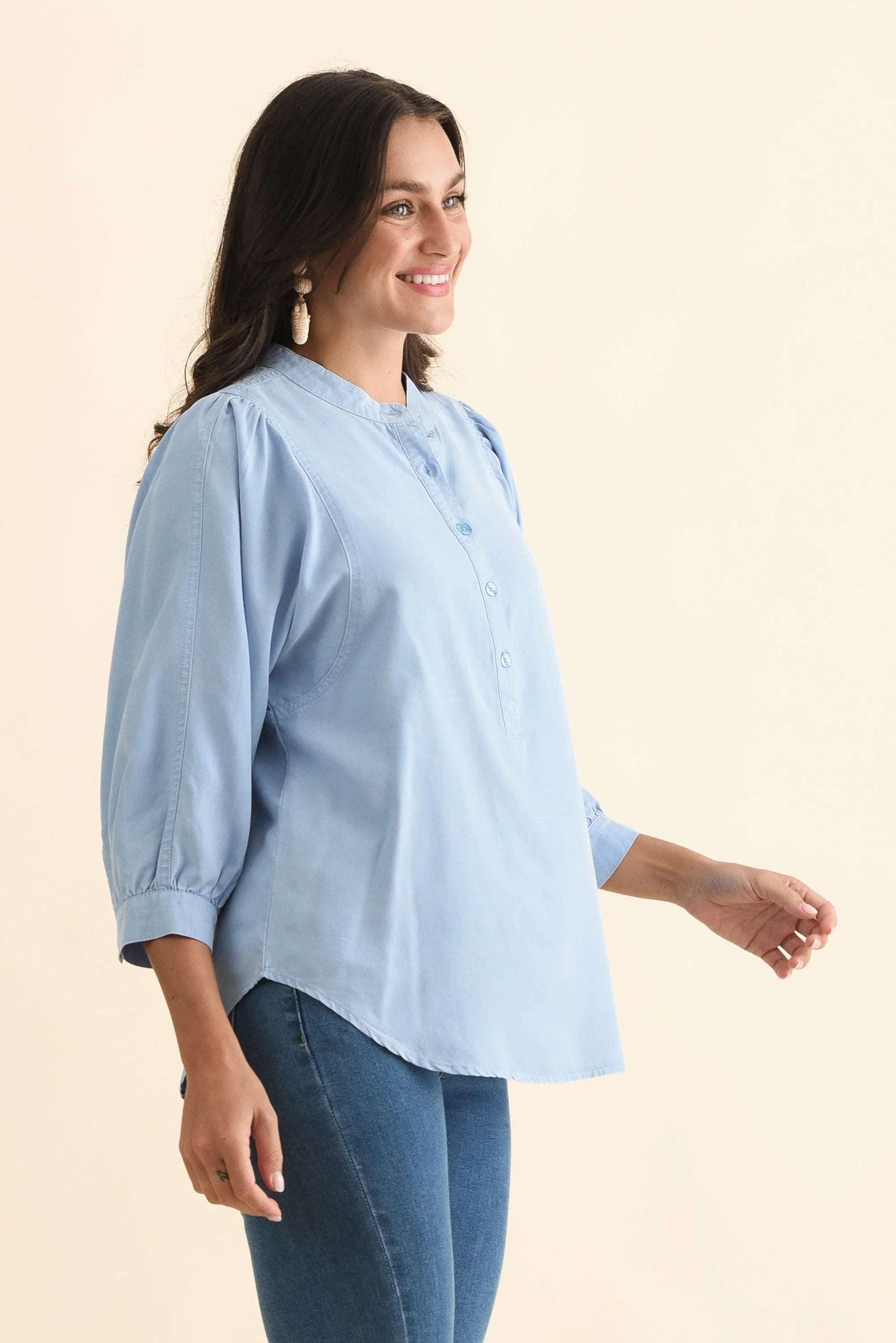 Lyocell Puff Sleeve Shirt - Blue