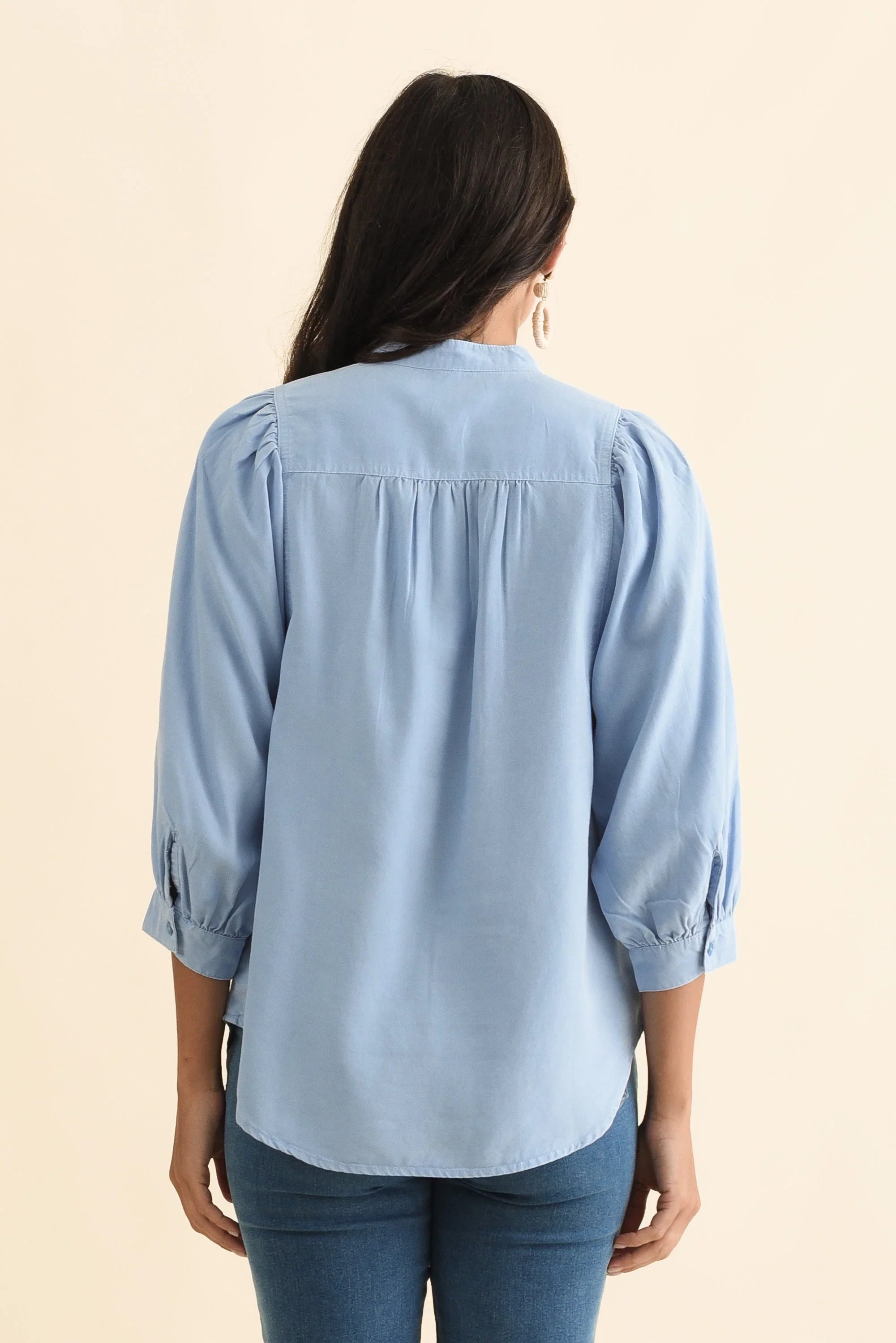 Lyocell Puff Sleeve Shirt - Blue