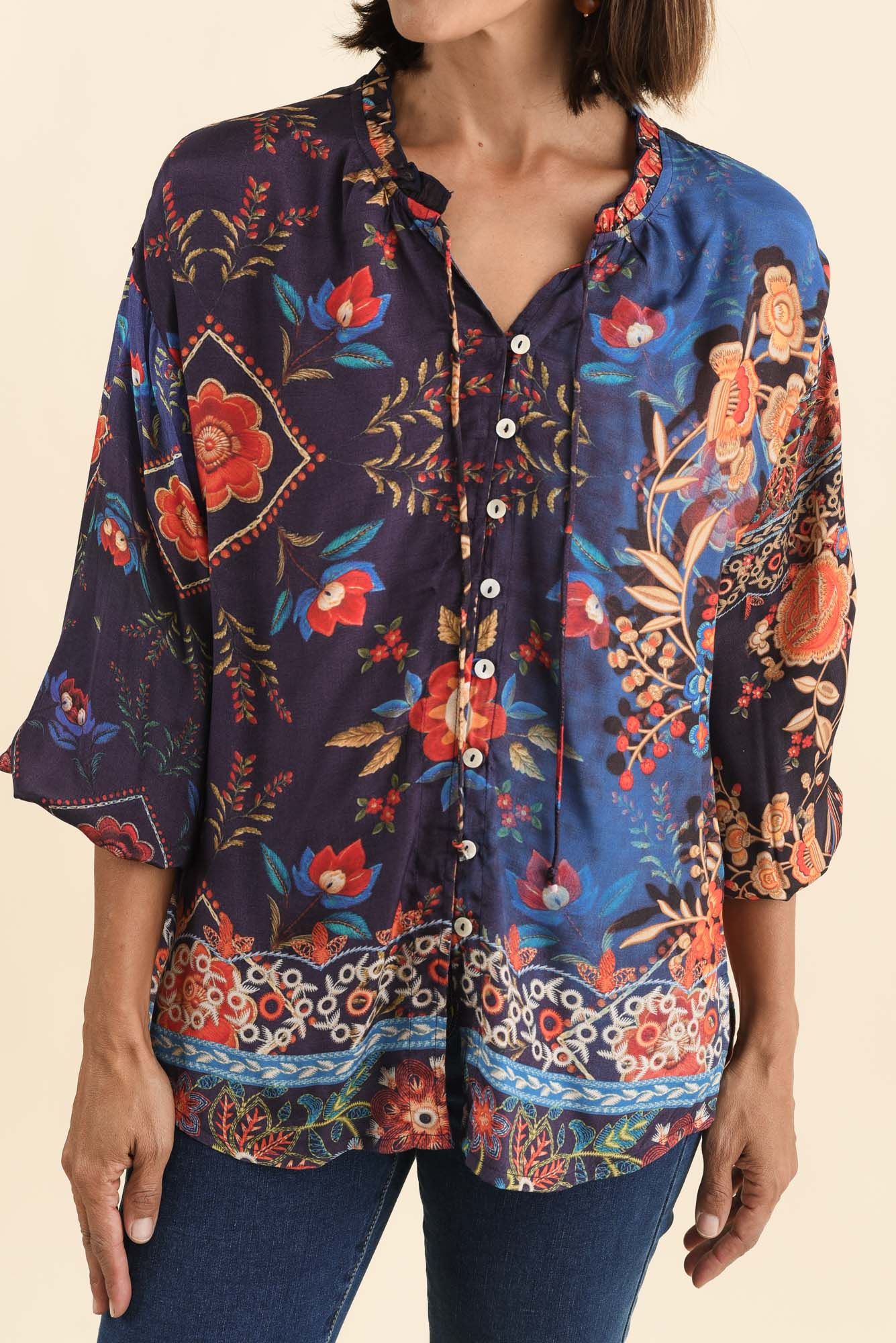 Button Top - Navy Botanical