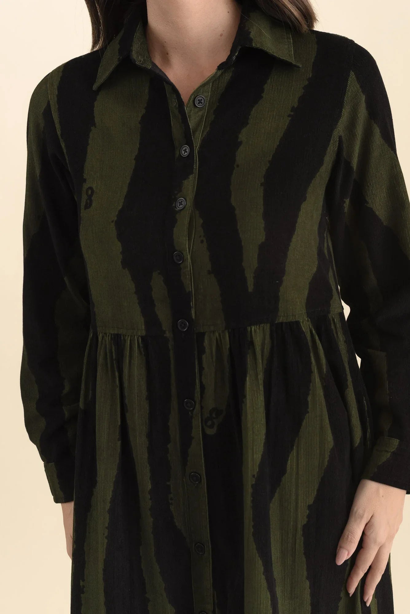 Cotton Button Dress - Olive Stripe
