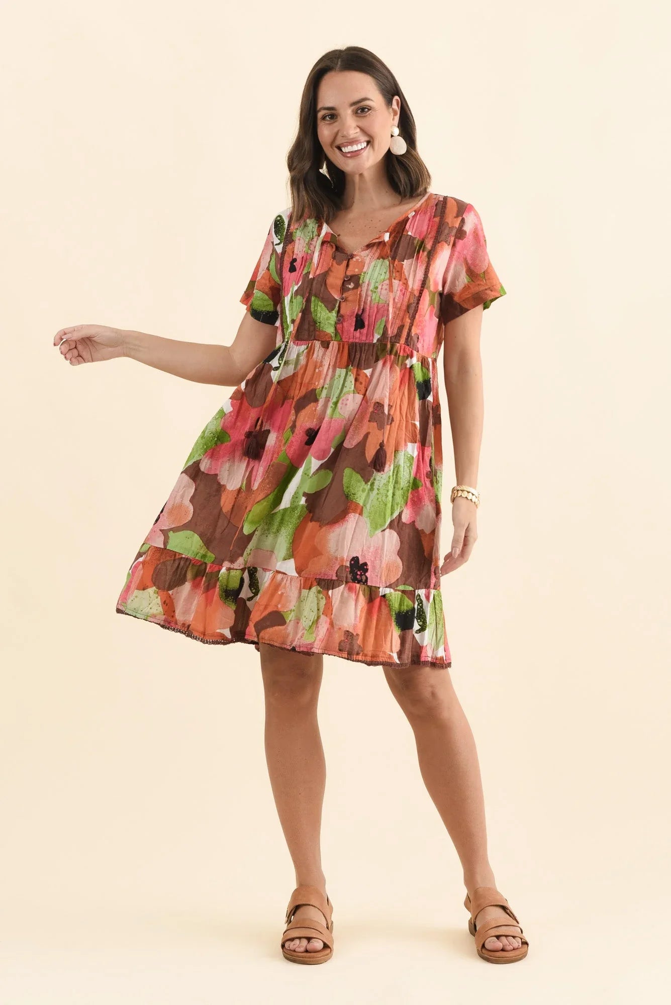 Floral Crinkle Cotton Dress - Pink