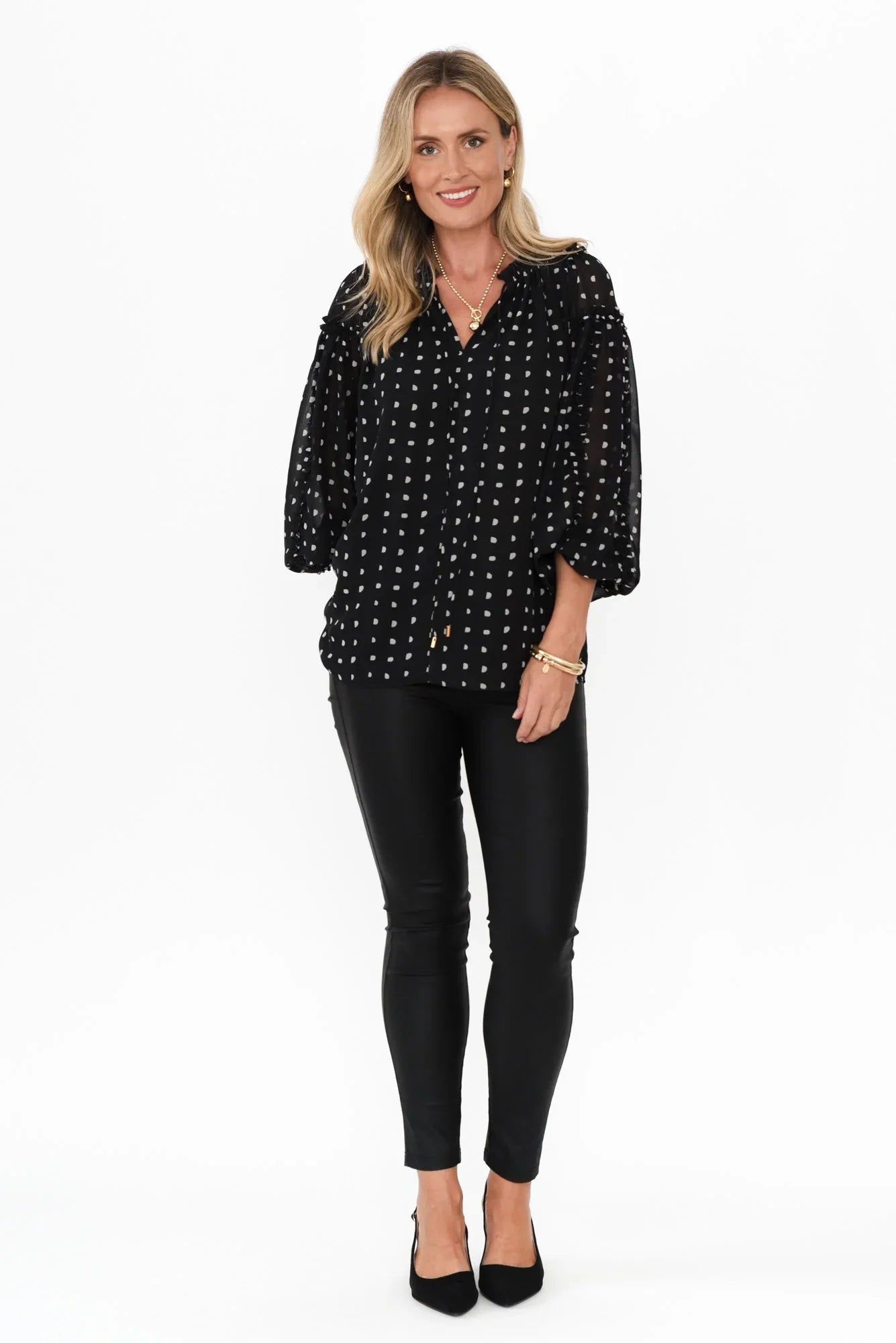 V Neck Blouse - Black Spot