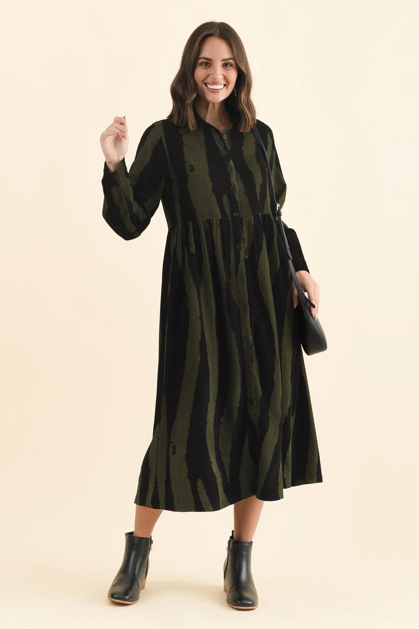 Cotton Button Dress - Olive Stripe