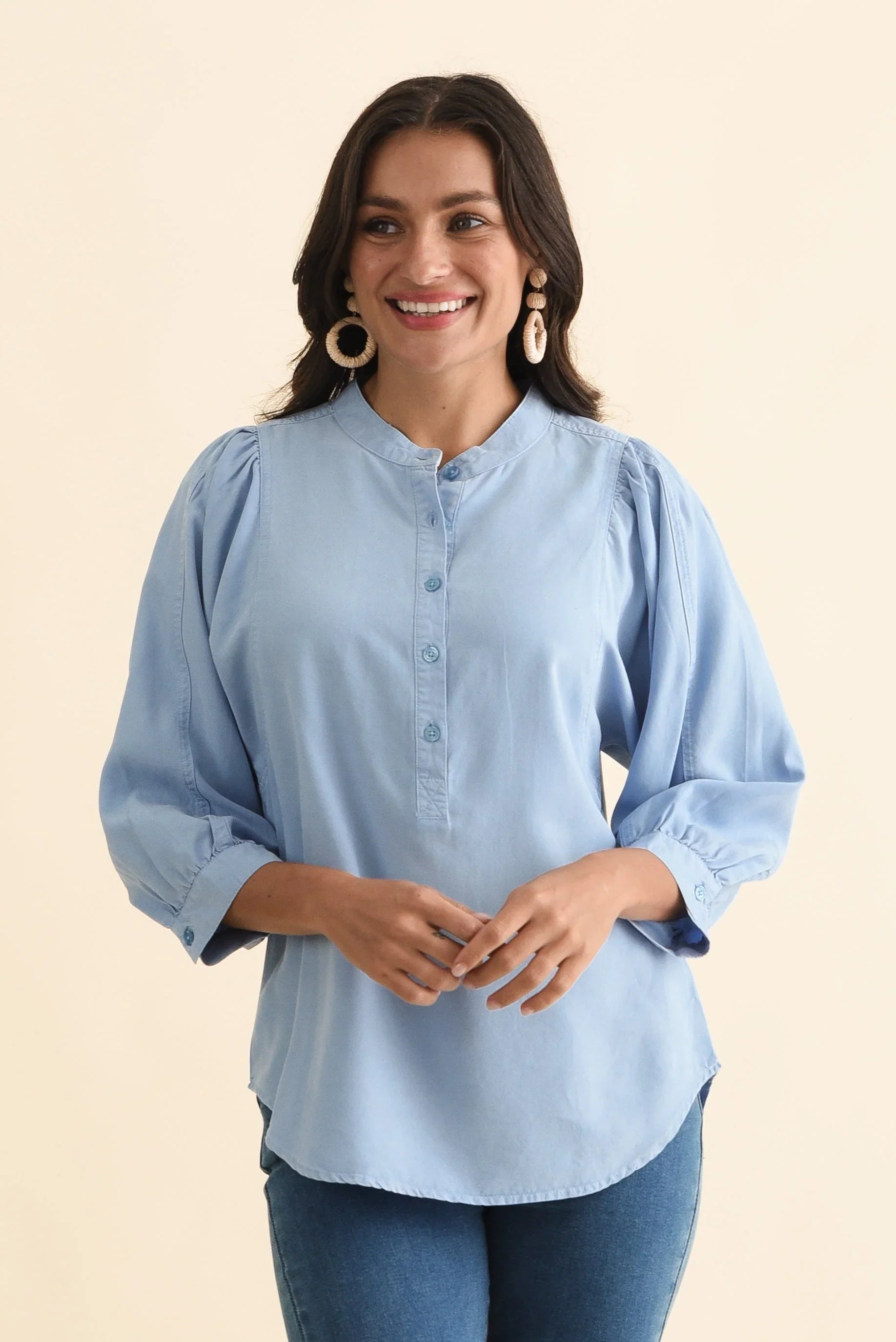 Lyocell Puff Sleeve Shirt - Blue